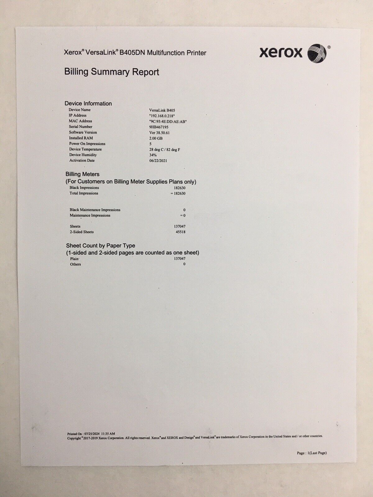 Xerox VersaLink B405 (D-A271) B&W All-in-one Printer Tested Works Error 016-426
