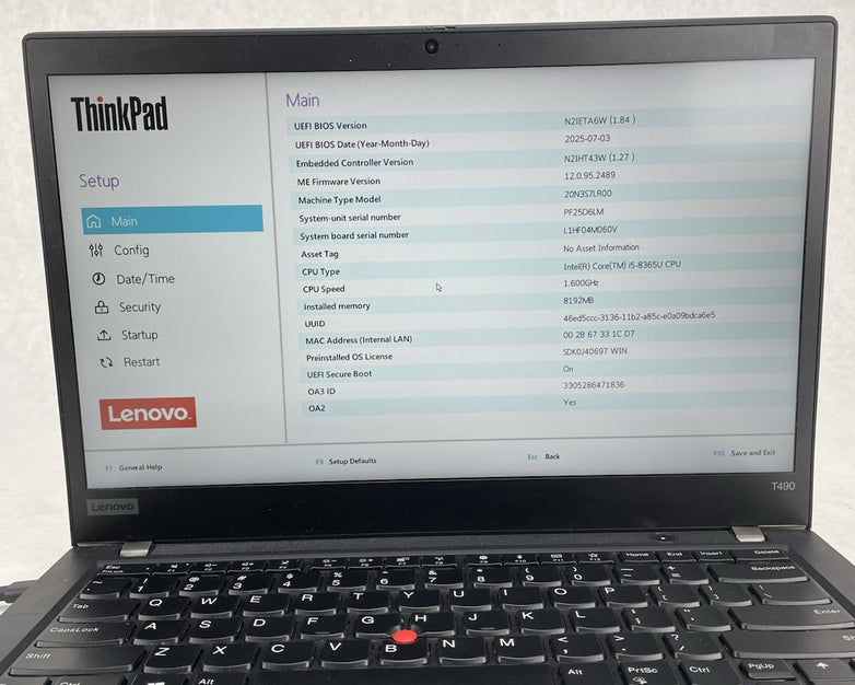 Lenovo ThinkPad T490 Core i5-8365U 1.60 GHz 8 GB RAM 14" No Battery No HDD No OS