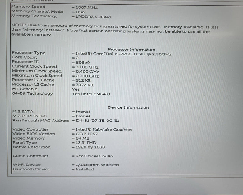 Dell XPS 13 9360 13.3" i5-7200U 2.50 GHz 4 GB RAM No SSD/OS/AC/Battery