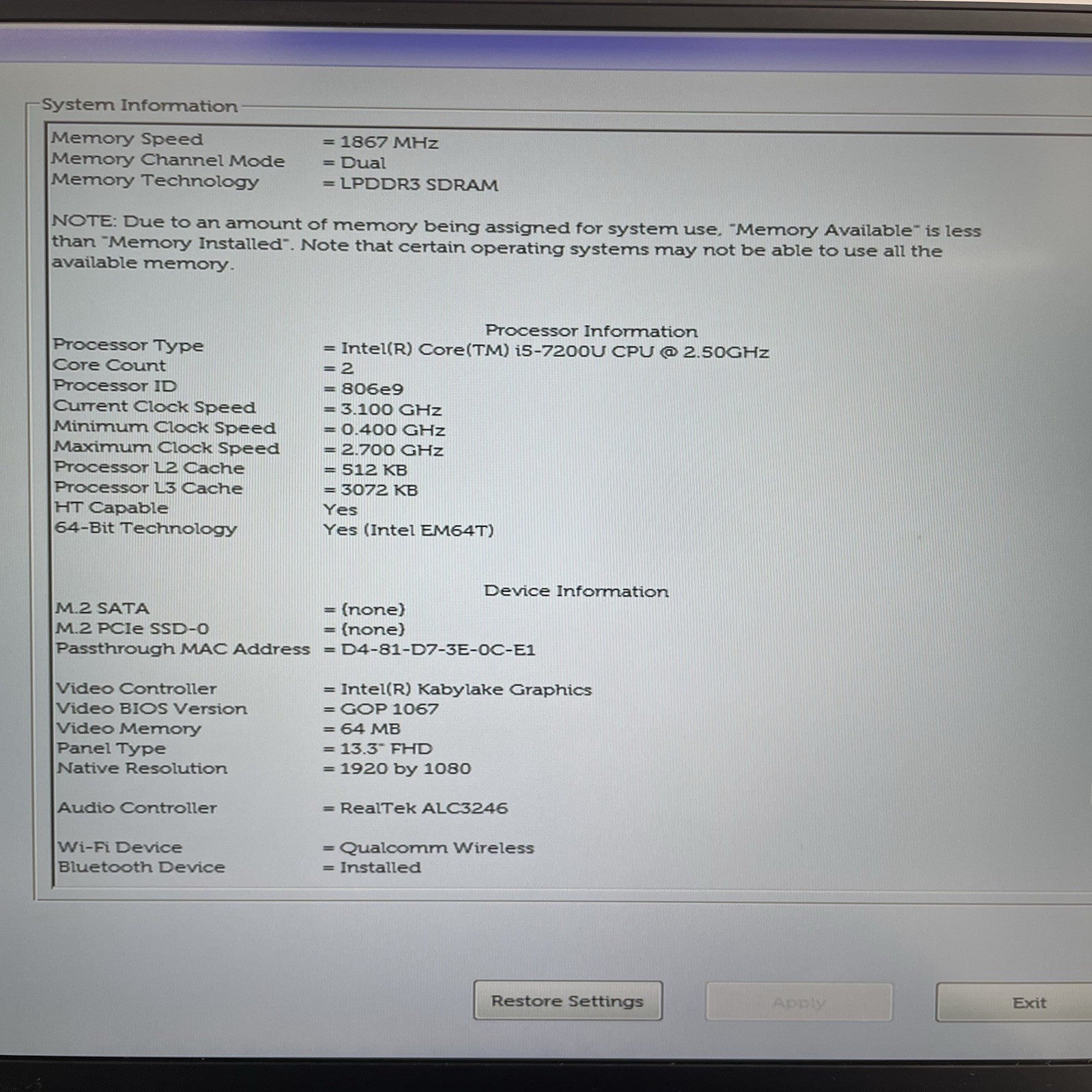 Dell XPS 13 9360 13.3" i5-7200U 2.50 GHz 4 GB RAM No SSD/OS/AC/Battery3