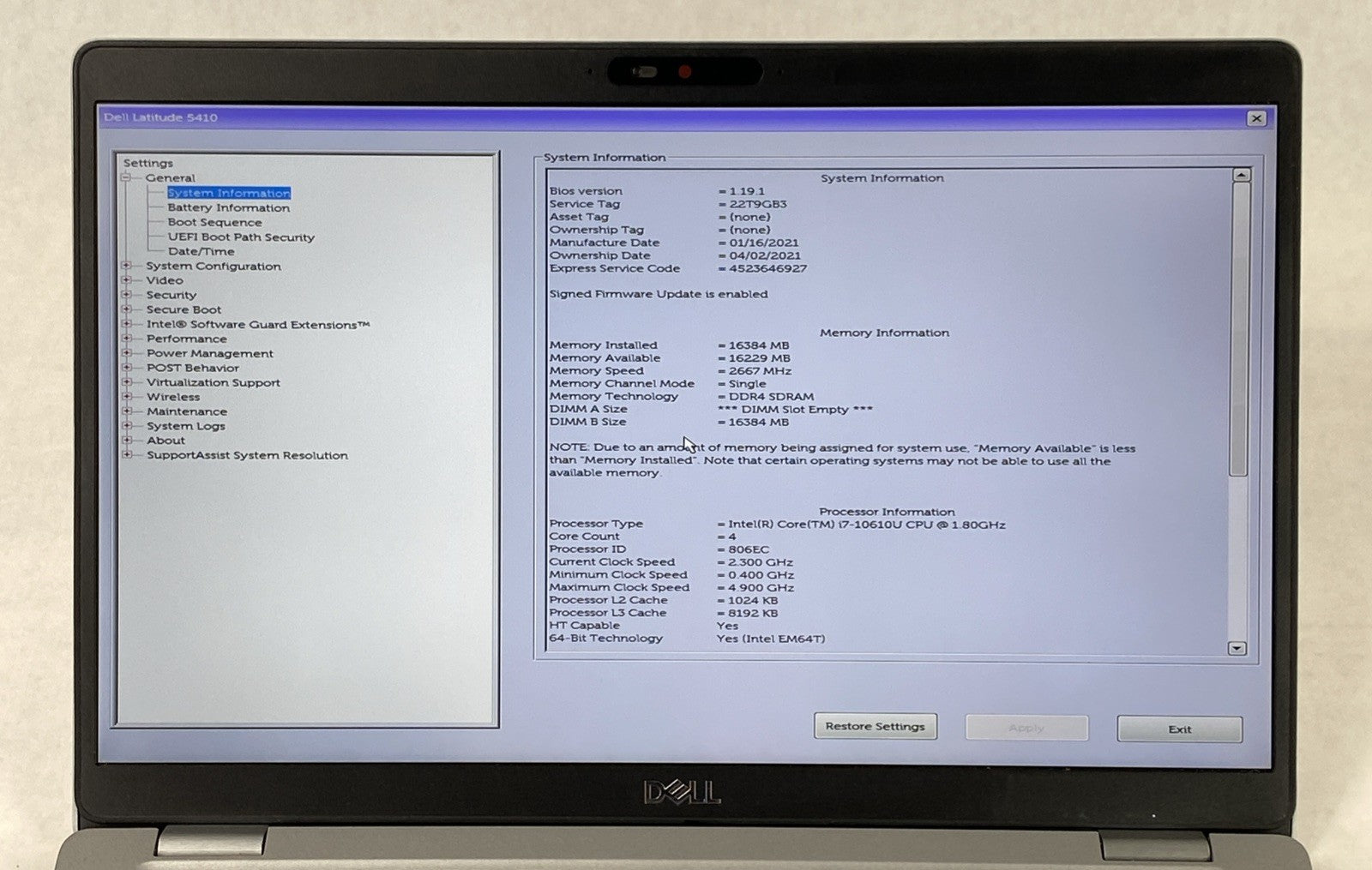 Dell Latitude 5410 Intel Core i7-10610U 1.80 GHz 16 GB RAM 14" No HDD No OS