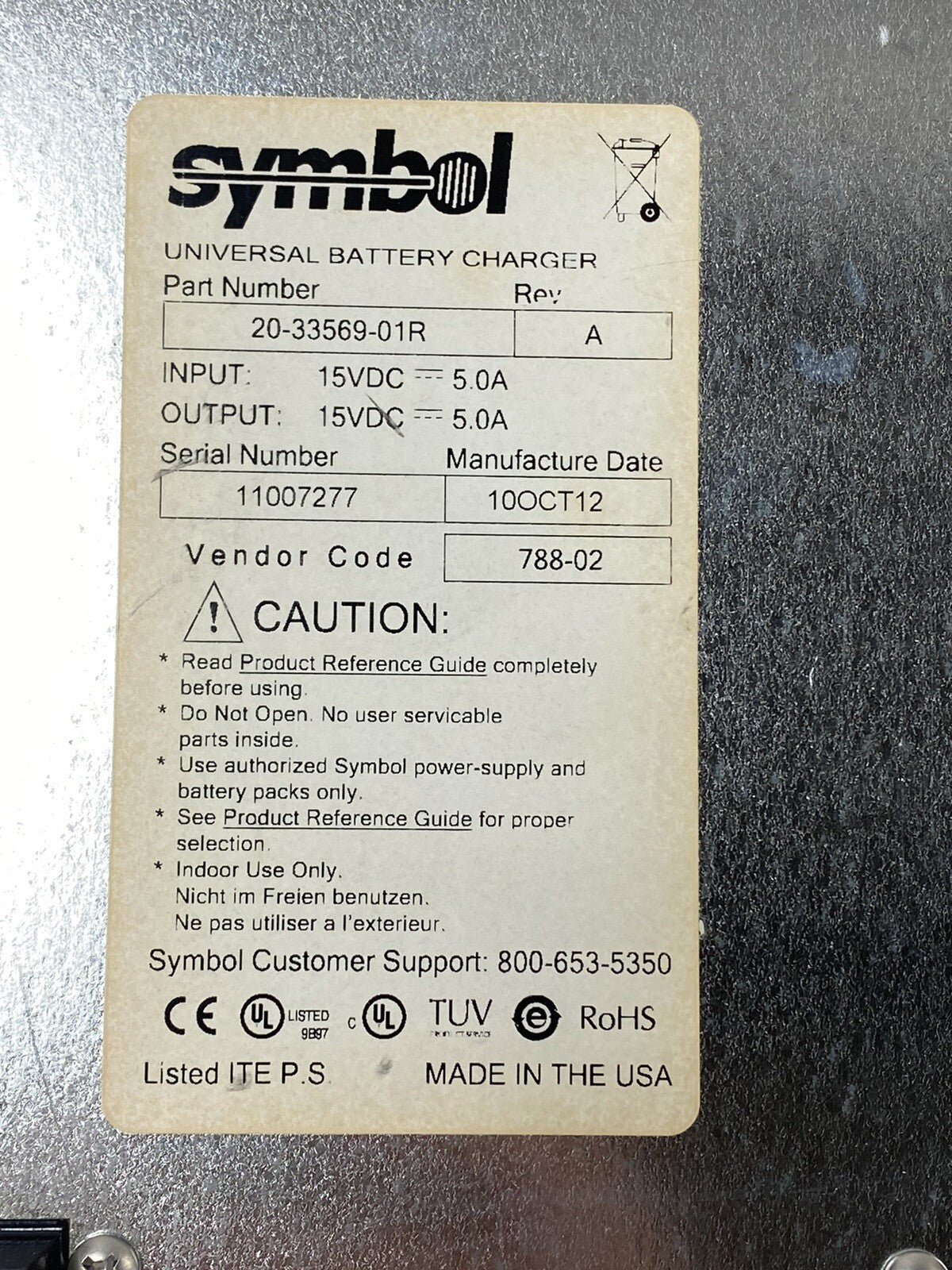 Symbol Technologies 20-33569-01R Universal Battery Charger Untested