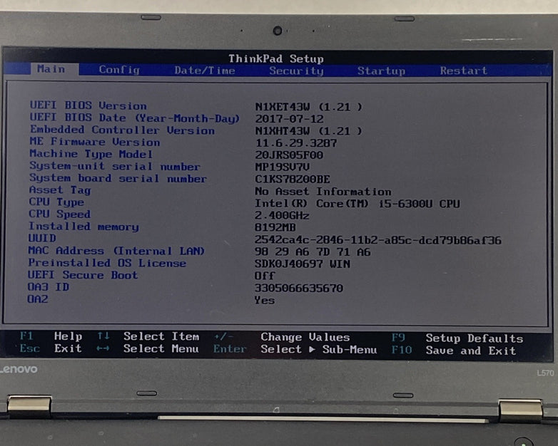 Lenovo ThinkPad L570 Core i5-6300U 2.4GHz 8GB RAM 15.6" No Battery No HDD No OS