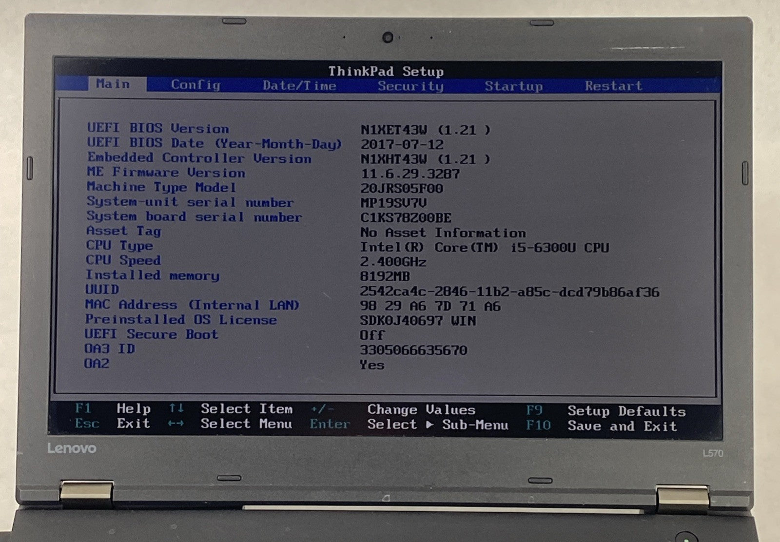 Lenovo ThinkPad L570 Core i5-6300U 2.4GHz 8GB RAM 15.6" No Battery No HDD No OS