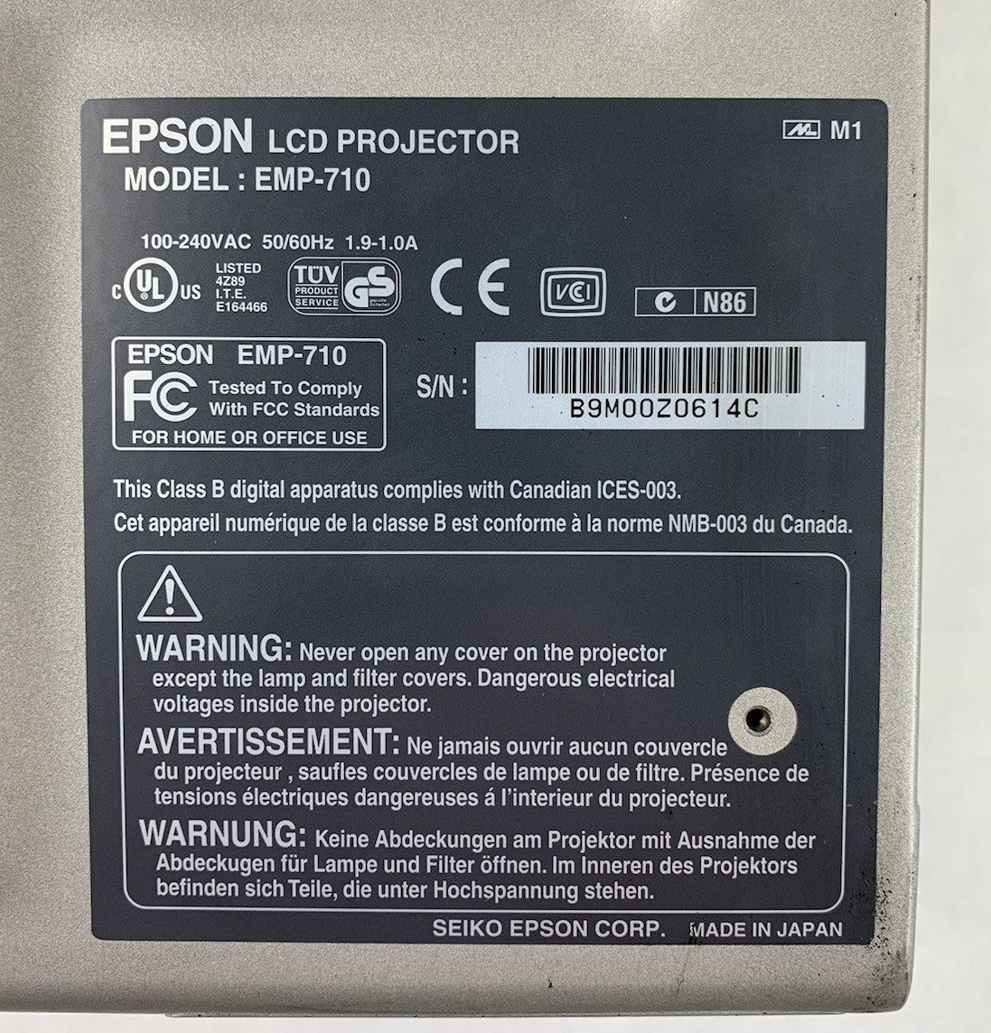 Epson EMP-710 LCD Lamp Projector No Remote No Cords