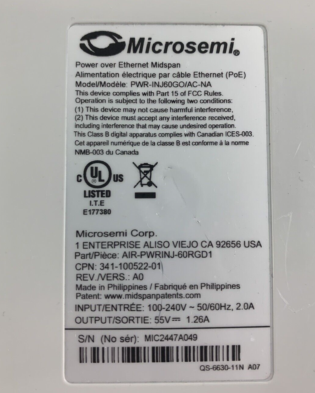 Microsemi PowerDsine PWR-INJ60GO/AC-NA 1-port 60W Gigabit PoE Outdoor Midspan