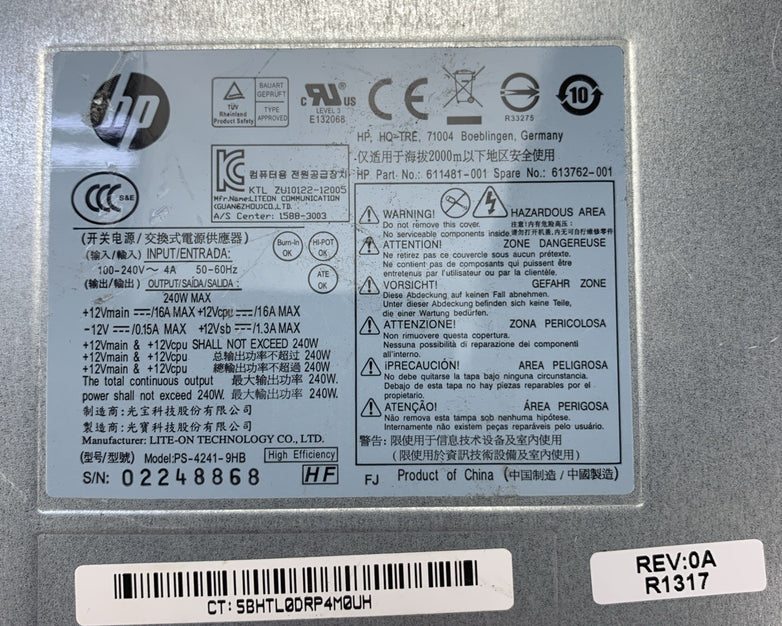 HP PS-4241-9HB High Efficiency 240W Power Supply 611481-001 613762-001 - Tested