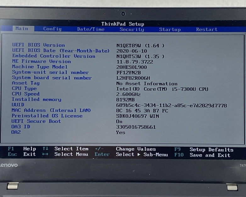 Lenovo ThinkPad T470 Intel Core i5-7300U 2.6GHz 8GB RAM 14.0" No HDD No OS