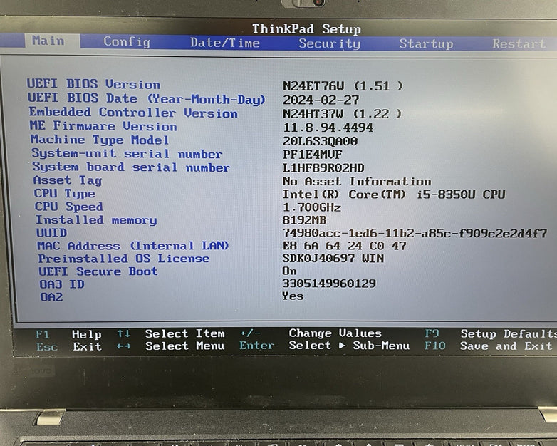 Lenovo ThinkPad T480 14" i5-8350U 1.70 GHz 8 GB RAM No SSD/OS/AC/Battery