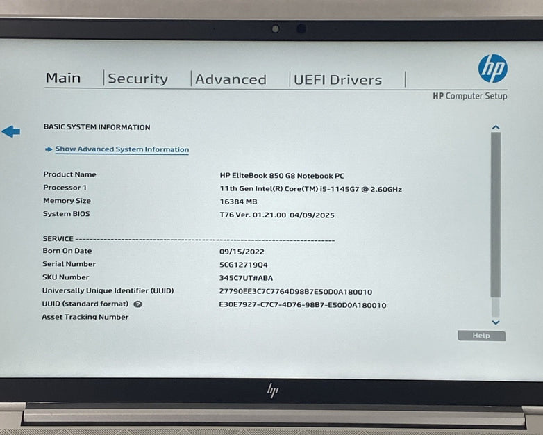 HP EliteBook 850 G8 Intel Core i5-1145G7 2.60 GHz 16 GB RAM 15.6" No SSD No OS