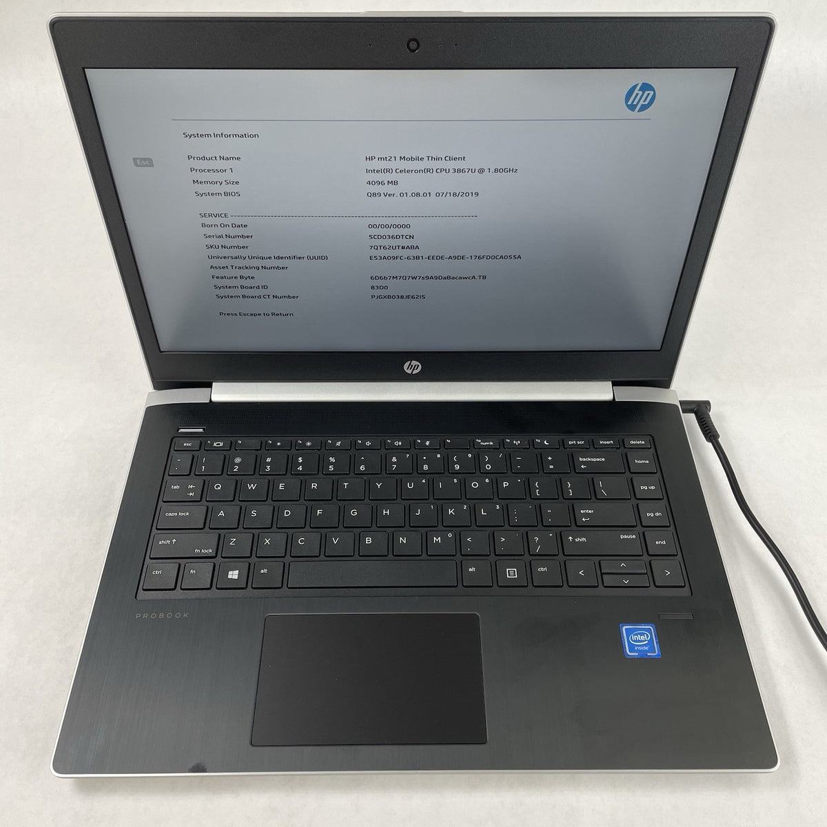 HP mt21 14" Celeron 3867U 1.80 GHz 4 GB RAM No SSD/OS/AC/Batt2