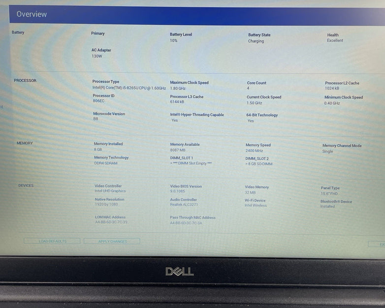 Dell Latitude 3500 15.6" i5-8265U 1.60 GHz 8 GB RAM No SSD/OS/AC