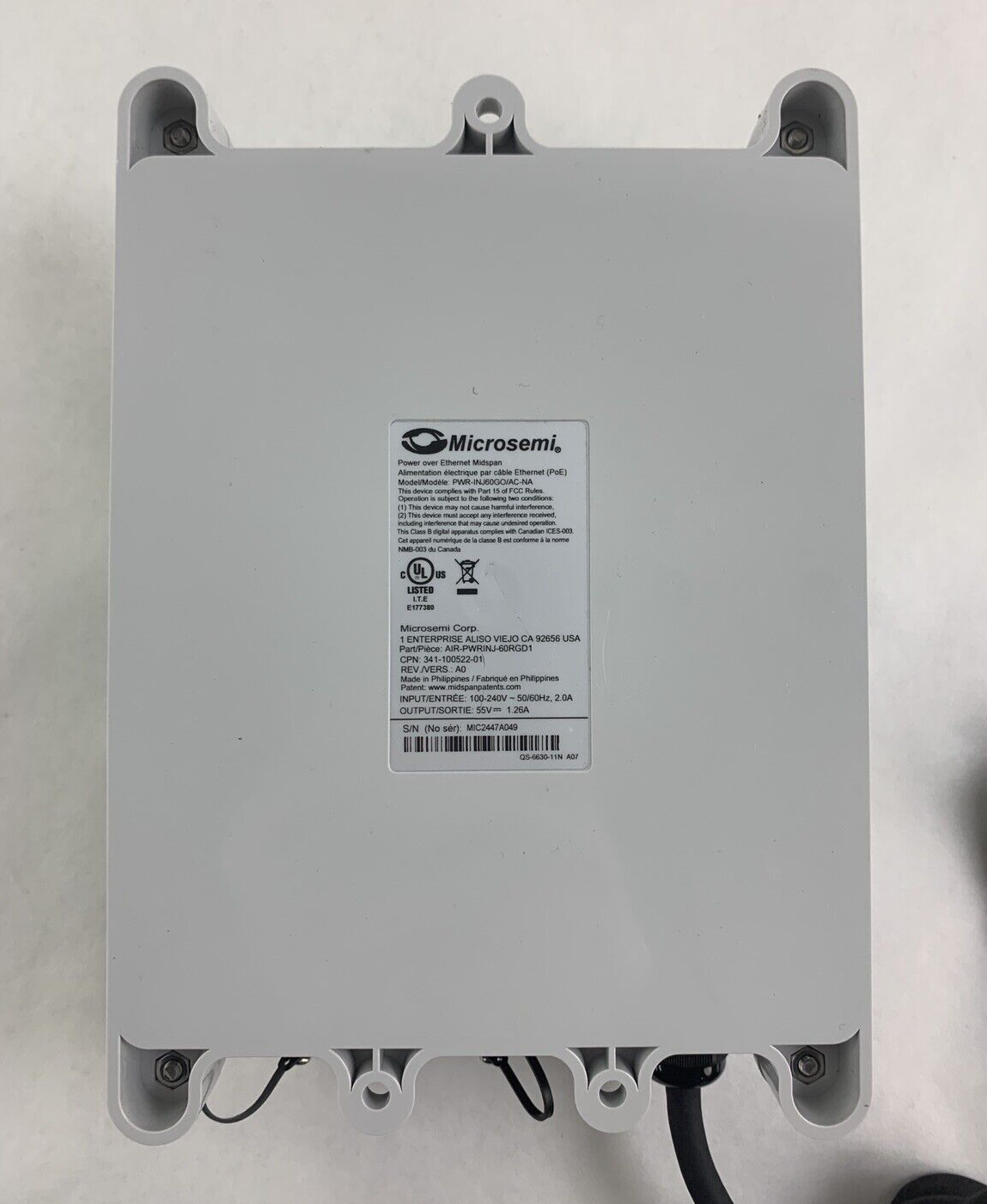 Microsemi PowerDsine PWR-INJ60GO/AC-NA 1-port 60W Gigabit PoE Outdoor Midspan