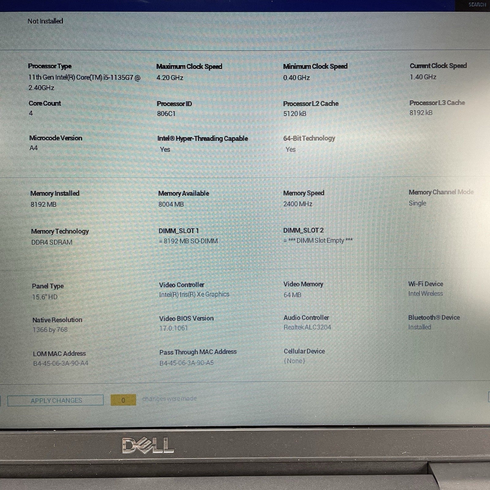 Dell Latitude 3520 15.6" i5-1135G7 2.40 Ghz 8 GB RAM No SSD/OS/AC3