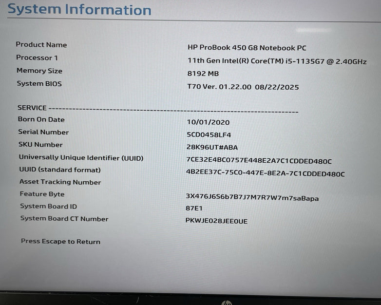 HP ProBook 450 G8 15.6" i5-1135G7 2.40 GHz 8 GB RAM Touchscreen No SSD/OS/AC