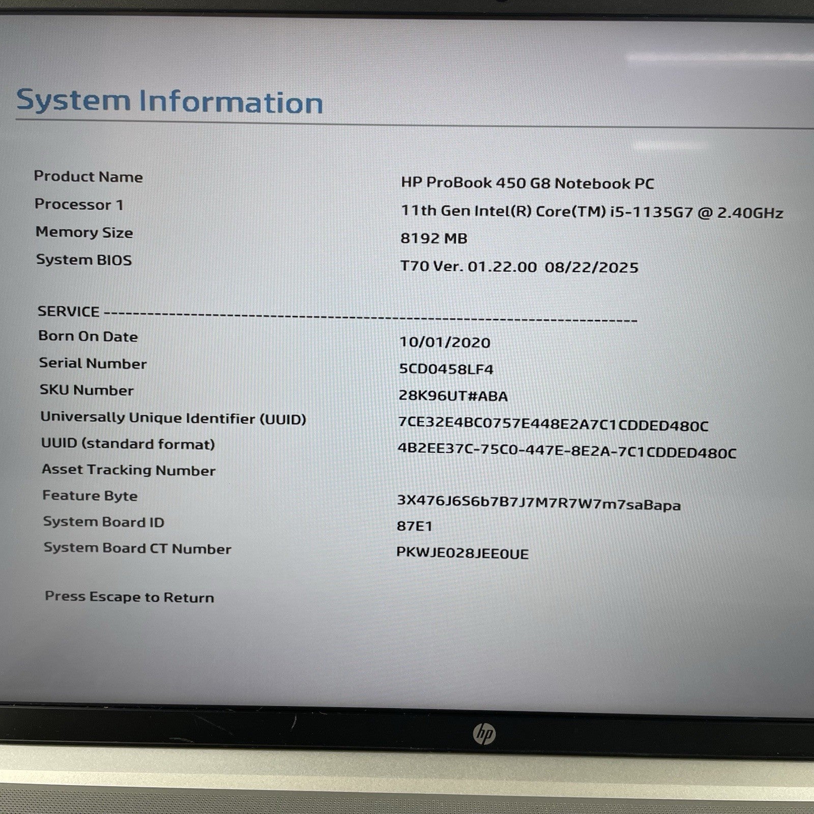 HP ProBook 450 G8 15.6" i5-1135G7 2.40 GHz 8 GB RAM Touchscreen No SSD/OS/AC2