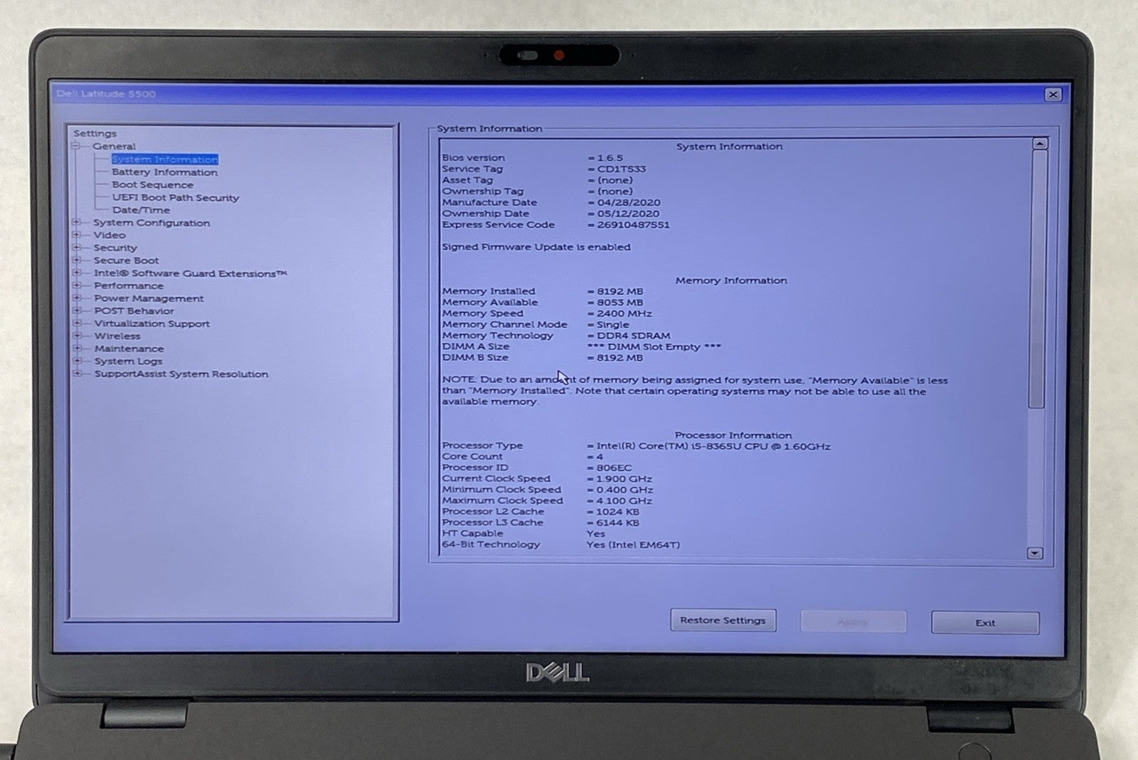 Dell Latitude 5500 Intel Core i5-8365U 1.60GHz 8GB RAM 15.6" No HDD No OS