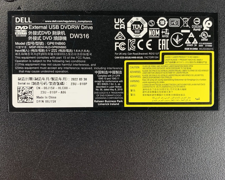 Dell DW316 External USB DVDRW Drive - Powers on