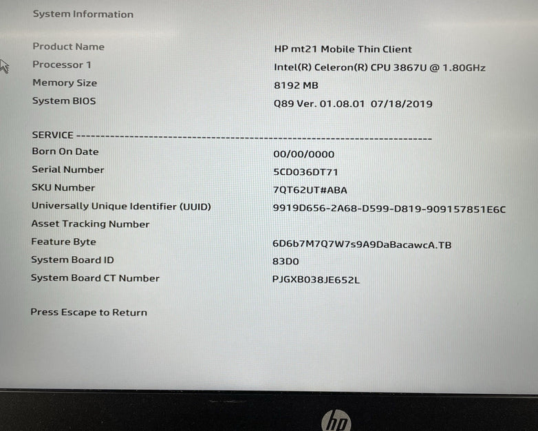 HP mt21 Client 14" Celeron 3867U 1.80 GHz 8 GB RAM No SSD/OS/AC
