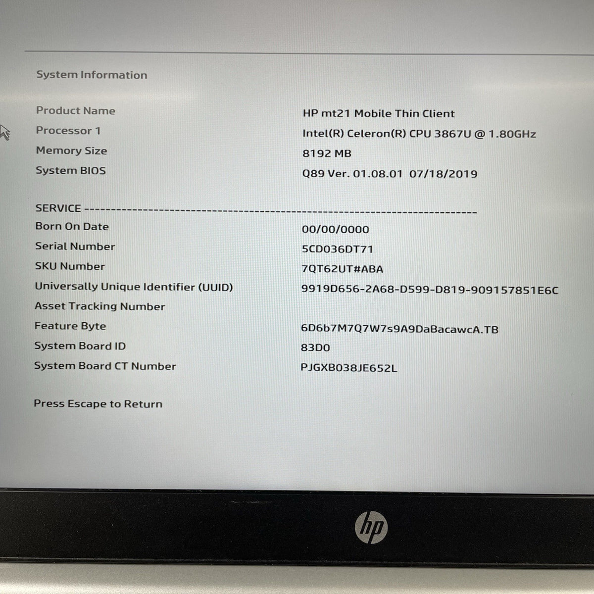 HP mt21 Client 14" Celeron 3867U 1.80 GHz 8 GB RAM No SSD/OS/AC2