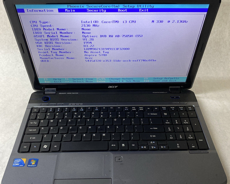 Acer Aspire 5740 15.6" Intel Core i3-M330 2.13GHz 4GB RAM No AC HDD OS