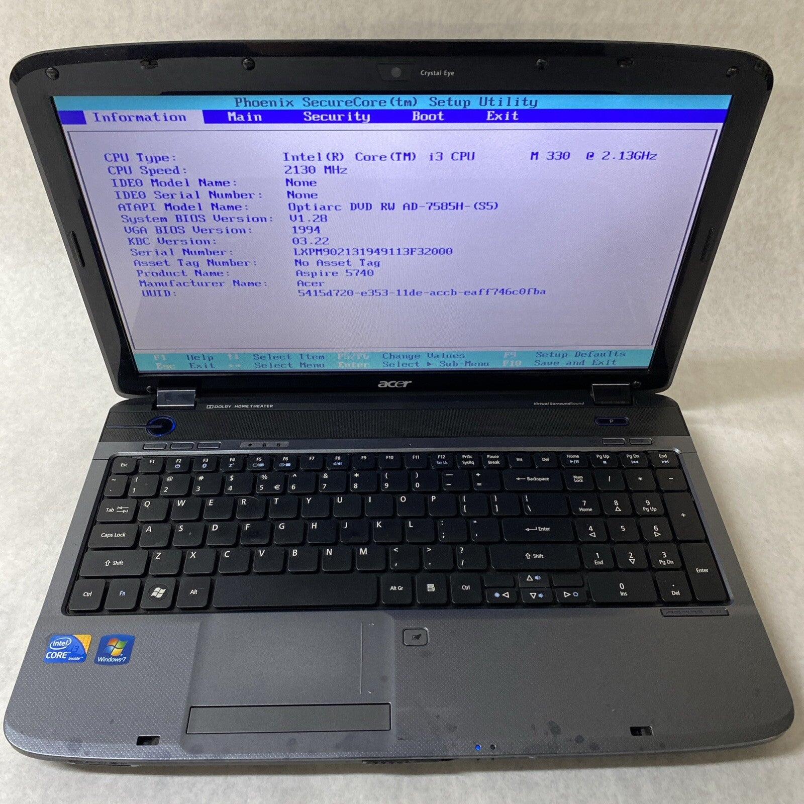 Acer Aspire 5740 15.6" Intel Core i3-M330 2.13GHz 4GB RAM No AC HDD OS