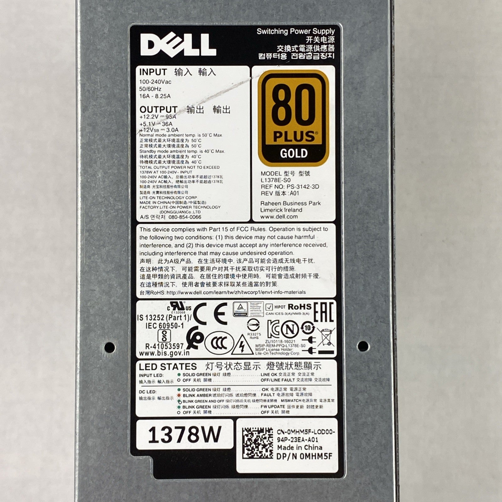 Dell L1378E-S0 0MHM5F 1378W Switching Power Supply