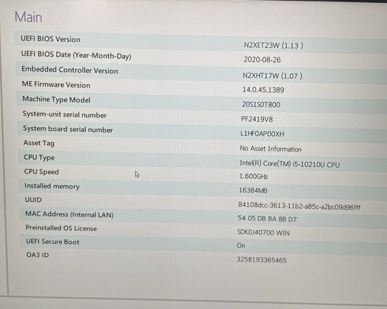Lenovo ThinkPad T14 Gen1 14" i5-10210U 1.60 GHz 16 GB RAM No SSD/OS/AC/Batt