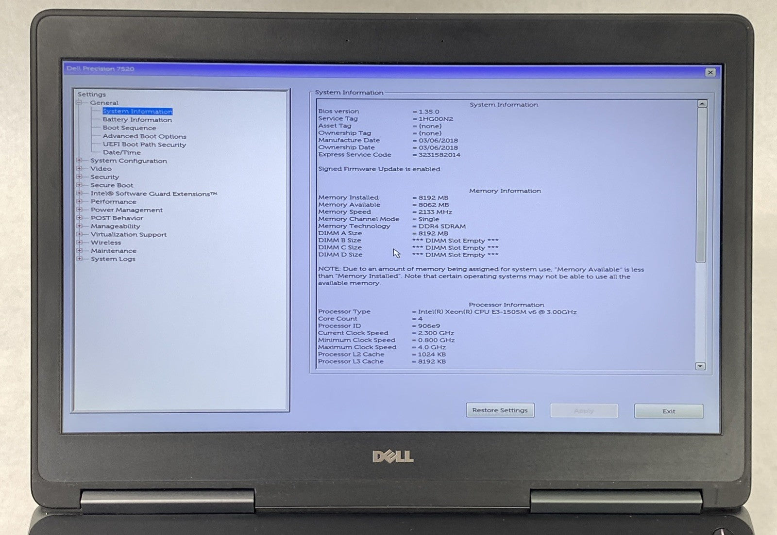 Dell Precision 7520 Intel Xeon E3-1505M v6 3.00 GHz 8 GB RAM 15.6" No HDD No OS