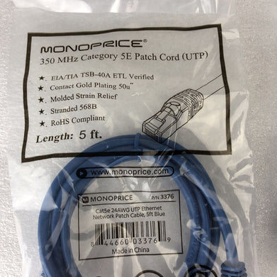 Monoprice Blue 5ft 5E Ethernet Patch Cord (UTP) - RJ45 350Mhz (Lot of 4)
