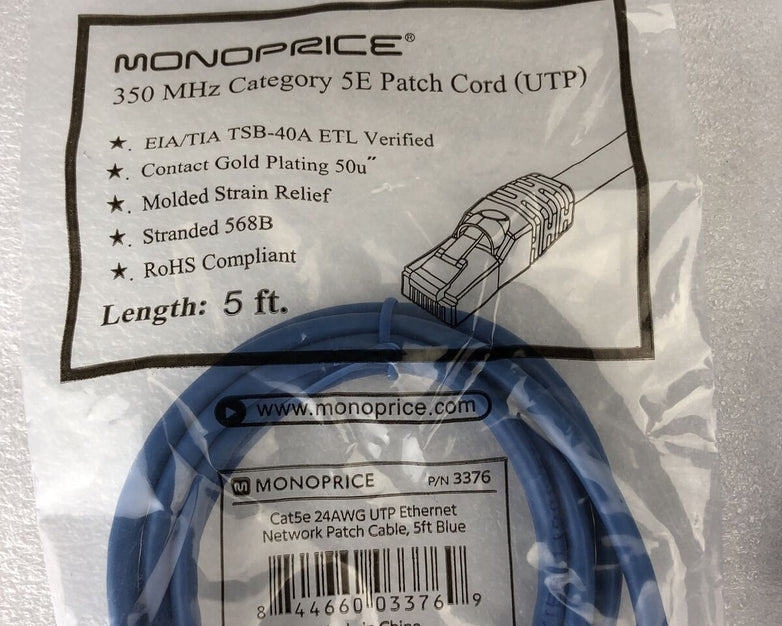 Monoprice Blue 5ft 5E Ethernet Patch Cord (UTP) - RJ45 350Mhz (Lot of 4)
