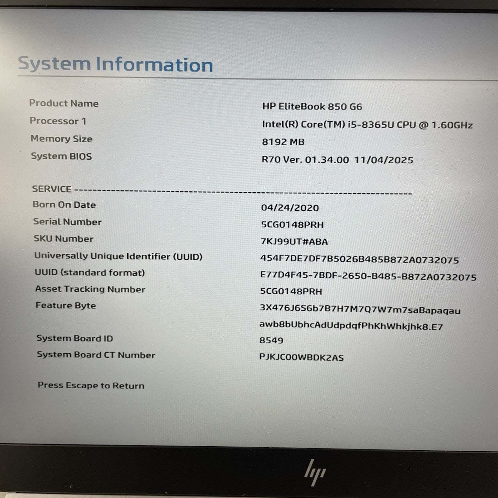 HP EliteBook 850 G6 15.6" i5-8365U 1.60 GHz 8GB RAM No SSD/OS/AC - Curved Bottom2