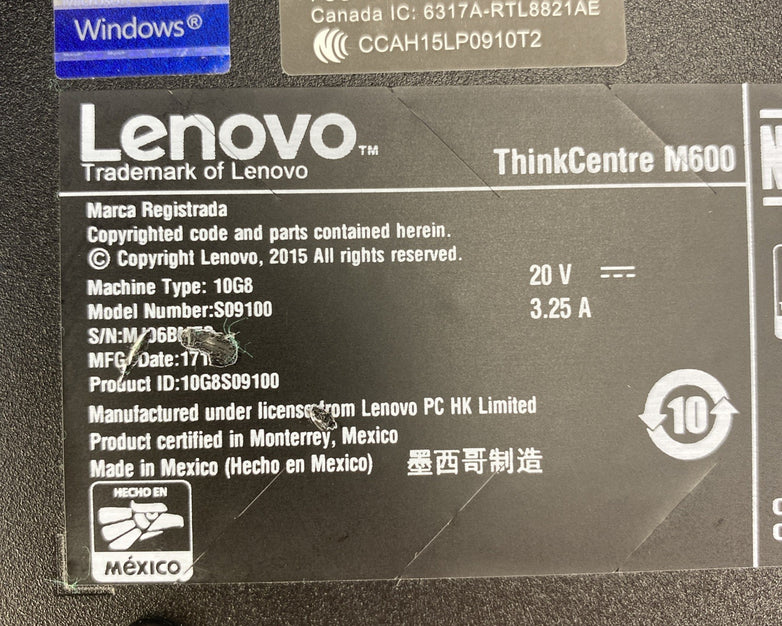 Lenovo ThinkCentre M600 Micro Pentium J3710 1.60GHz 8GB RAM No AC Caddy HDD OS