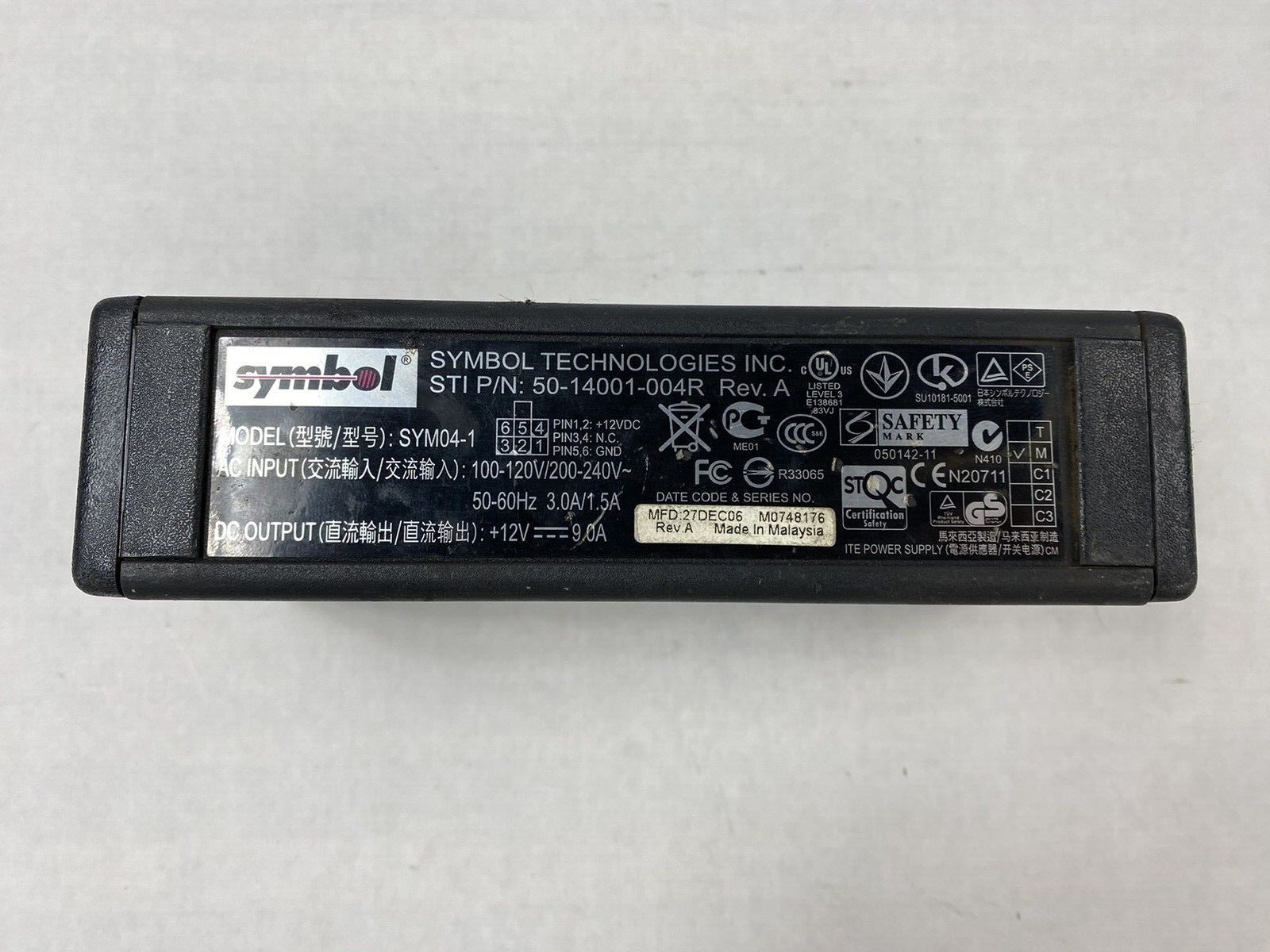 Symbol SYM04-1 50-14001-004R AC/DC Power Supply Adapter 12V 9A 108W
