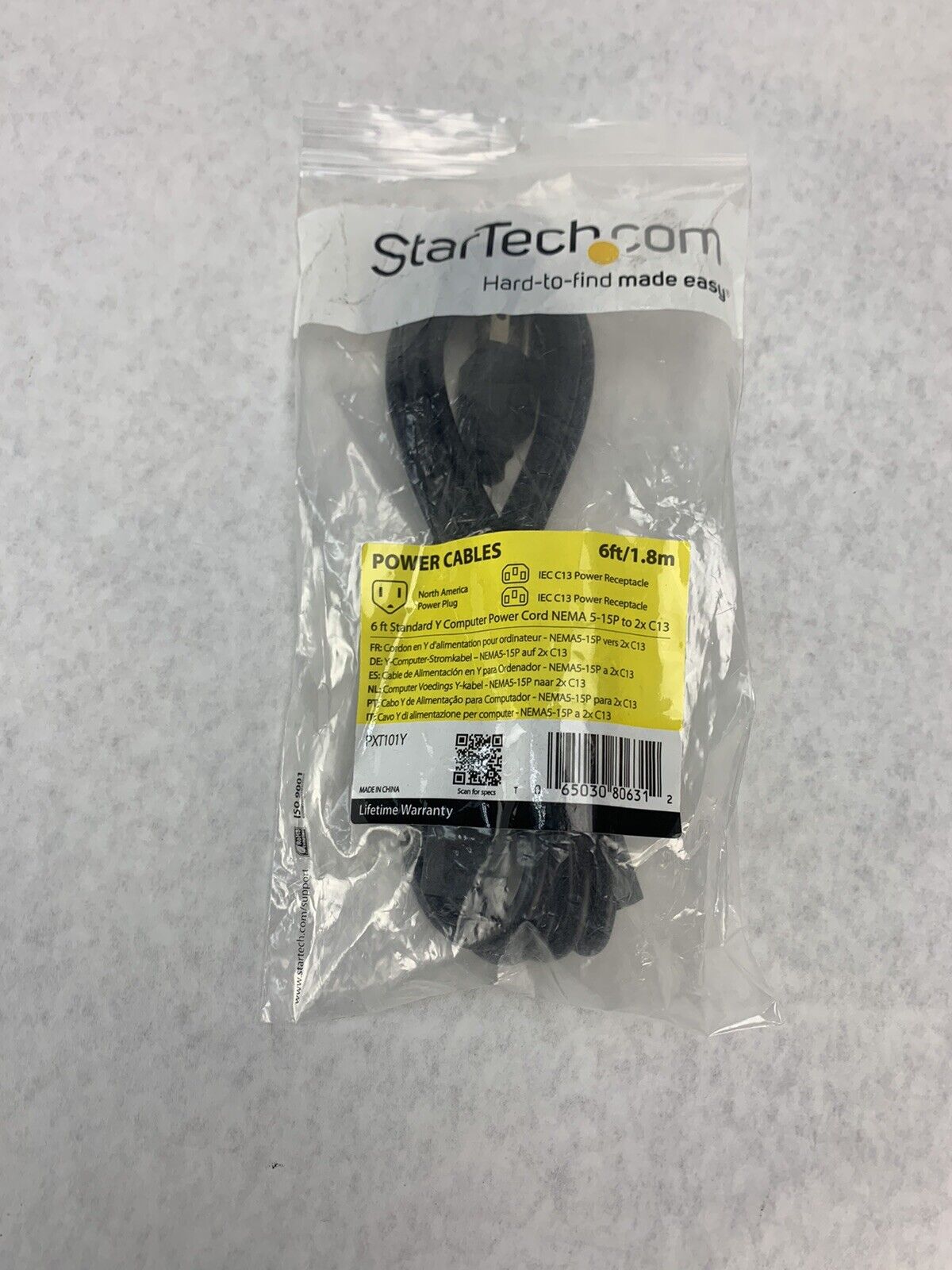 Startech 6ft Standard Y Computer Power Cord NEMA 5-15P to 2xC13 / PXT101Y