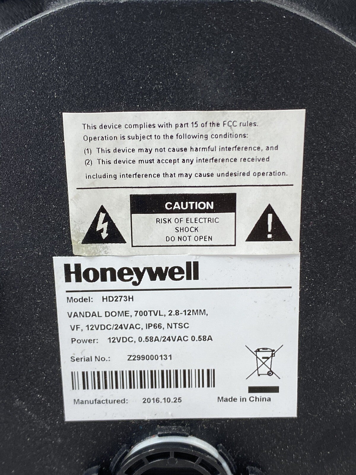 Honeywell HD273H Day/Night Dome Camera Untested For Parts or Repair