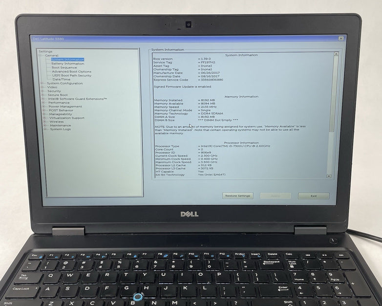 Dell Latitude 5580 15.6" Core i5-7300U 2.60 GHz 8 GB RAM No HDD No OS No Battery