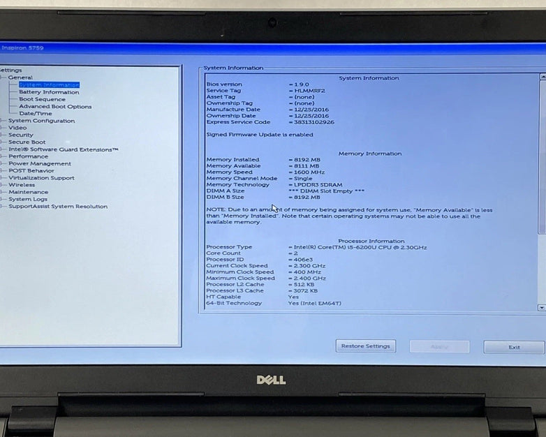 Dell Inspiron 5759 Core i5-6200U 2.3GHz 8GB RAM 17.3" No Battery No HDD No OS