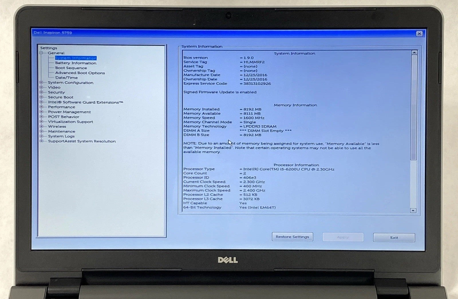 Dell Inspiron 5759 Core i5-6200U 2.3GHz 8GB RAM 17.3" No Battery No HDD No OS