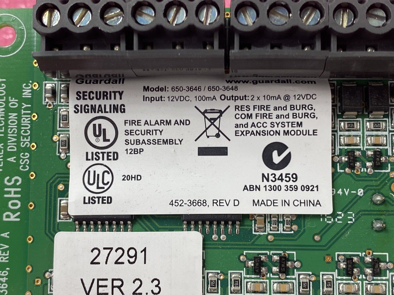 Verex Technology 650-3646 Output Card 12VDC 100mA Input 12VDC 2 x 10mA Output