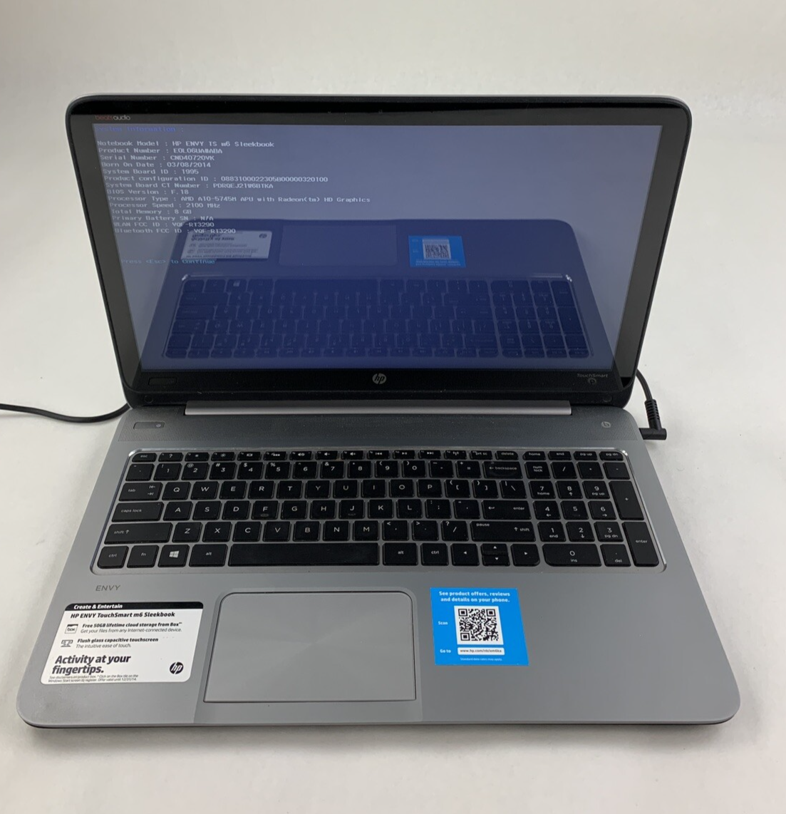 HP Envy TS M6 Sleekbook A10-5745M 8 GB Ram No OS No HDD No Batt No AC
