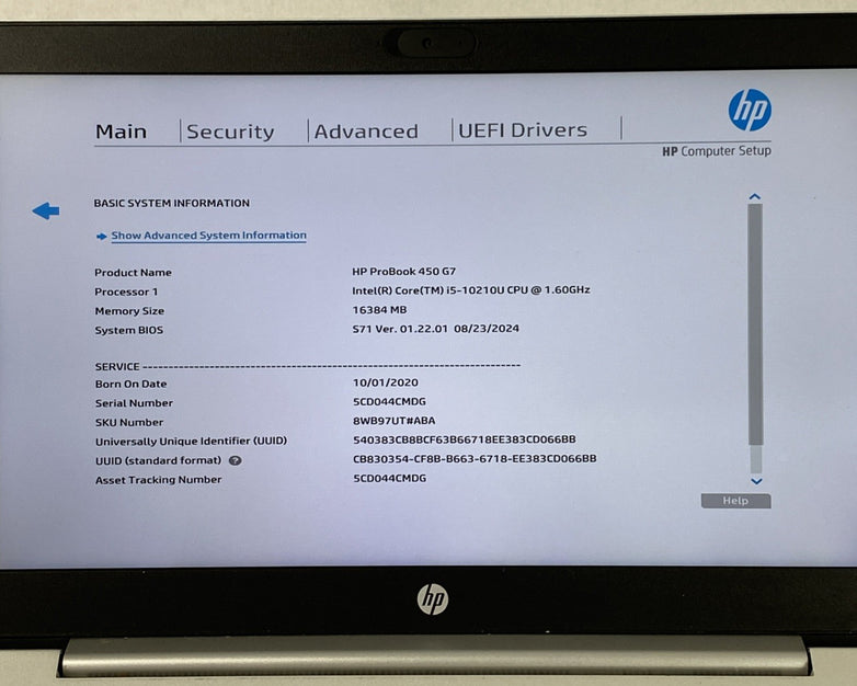 HP ProBook 450 G7 i5-10210U 1.60 GHz 16GB RAM 15.6" No Battery No SSD No OS