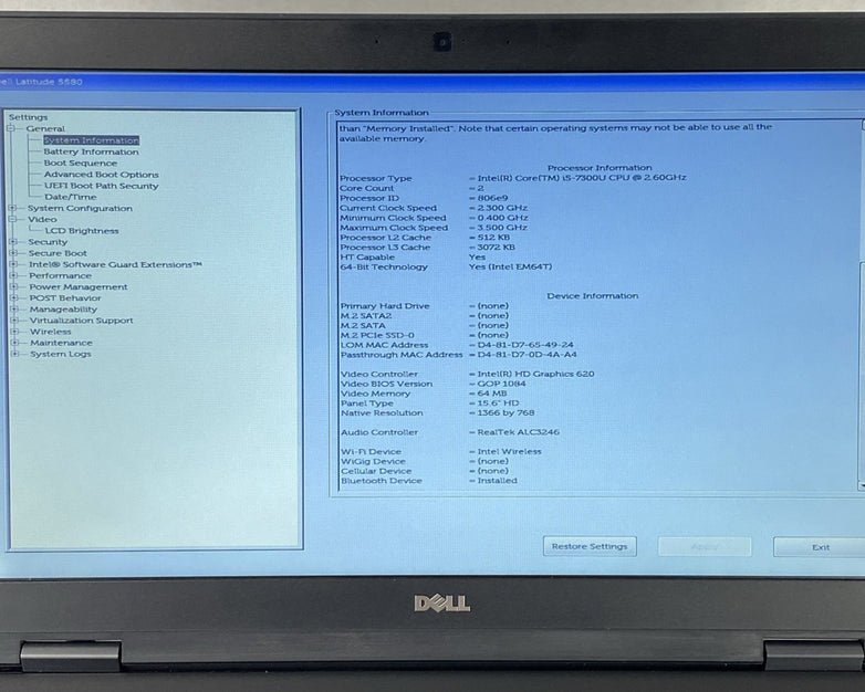 Dell Latitude 5580 Intel Core i5-7300U 2.60 GHz 8 GB RAM 15.6" No HDD No OS