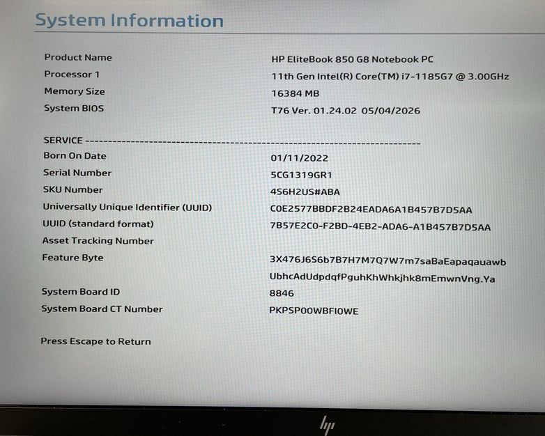 HP EliteBook 850 G8 15.6" i7-1185G7 3.00 GHz 16 GB RAM No SSD/OS/AC