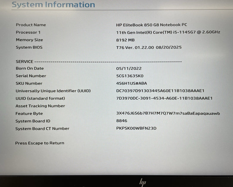 HP EliteBook 850 G8 15.6" i5-1145G7 2.60 GHz 8 GB RAM No SSD/OS/AC- Bent SC Slot