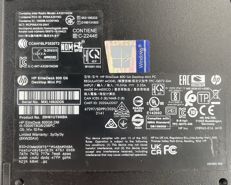 HP EliteDesk 800 G6 Micro i5-10500T 2.30 GHz 8 GB RAM No SSD/OS/AC