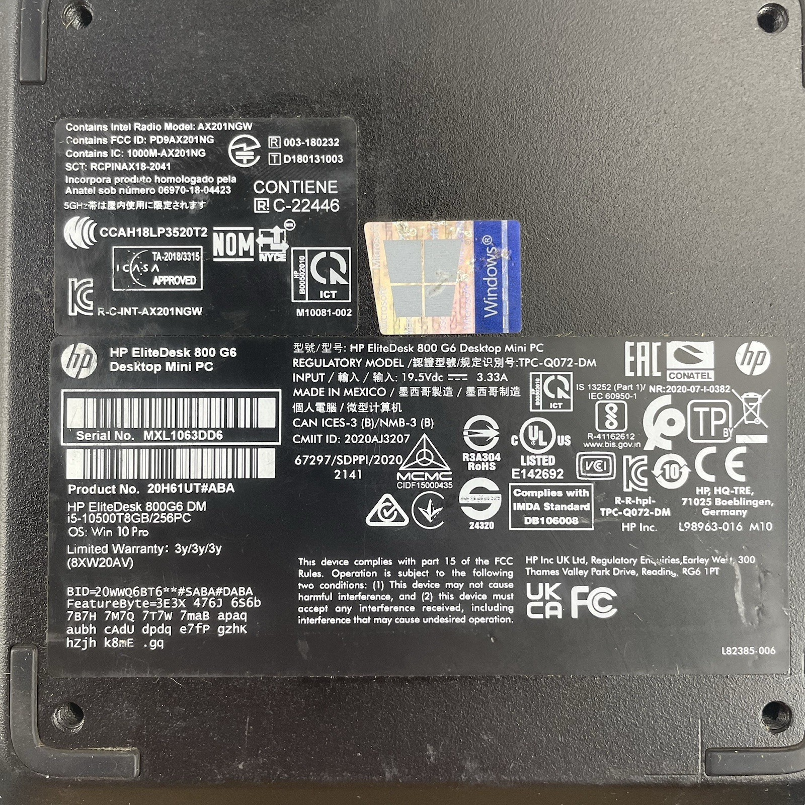 HP EliteDesk 800 G6 Micro i5-10500T 2.30 GHz 8 GB RAM No SSD/OS/AC10