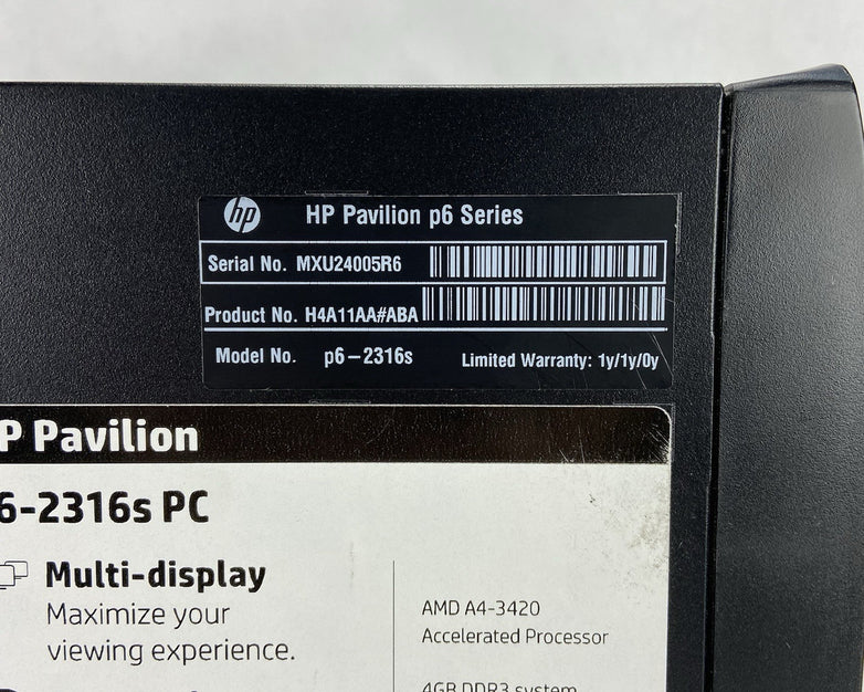 HP Pavilion P6-2316s MT AMD A4-3420 2.8GHz 4GB RAM No HDD No OS