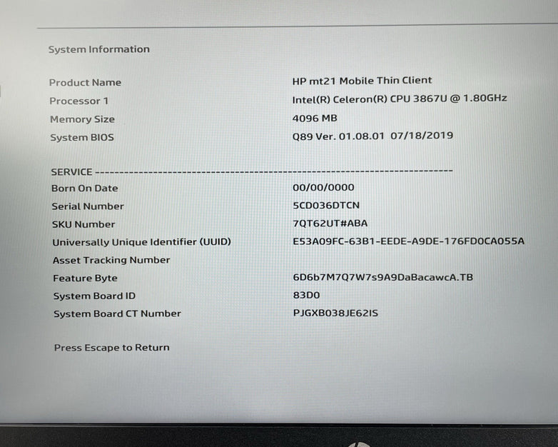 HP mt21 14" Celeron 3867U 1.80 GHz 4 GB RAM No SSD/OS/AC/Batt