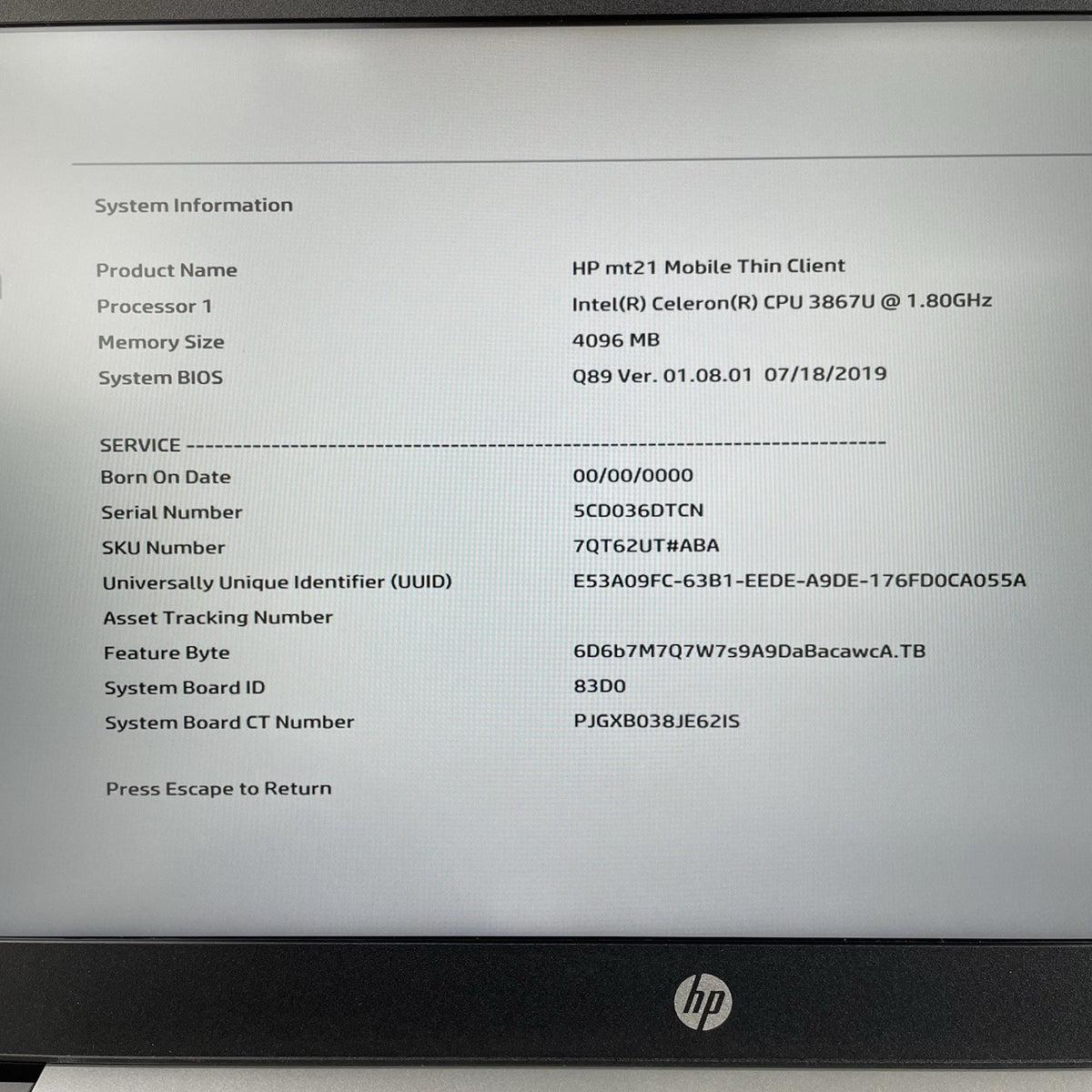 HP mt21 14" Celeron 3867U 1.80 GHz 4 GB RAM No SSD/OS/AC/Batt3